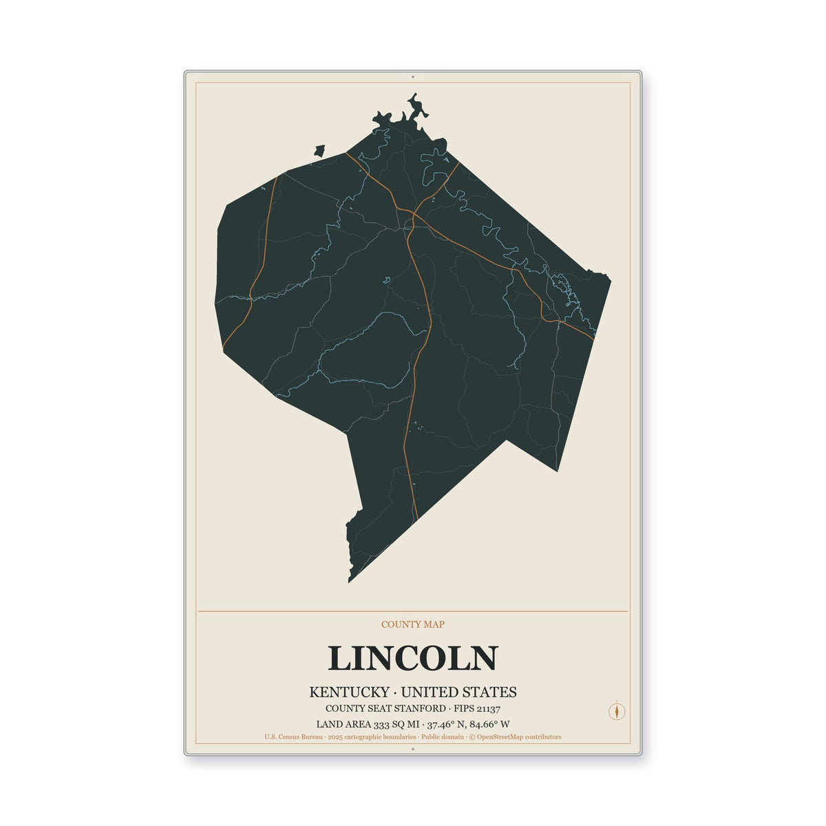 Lincoln County, Kentucky Map Aluminum Sign in Headline Atlas style