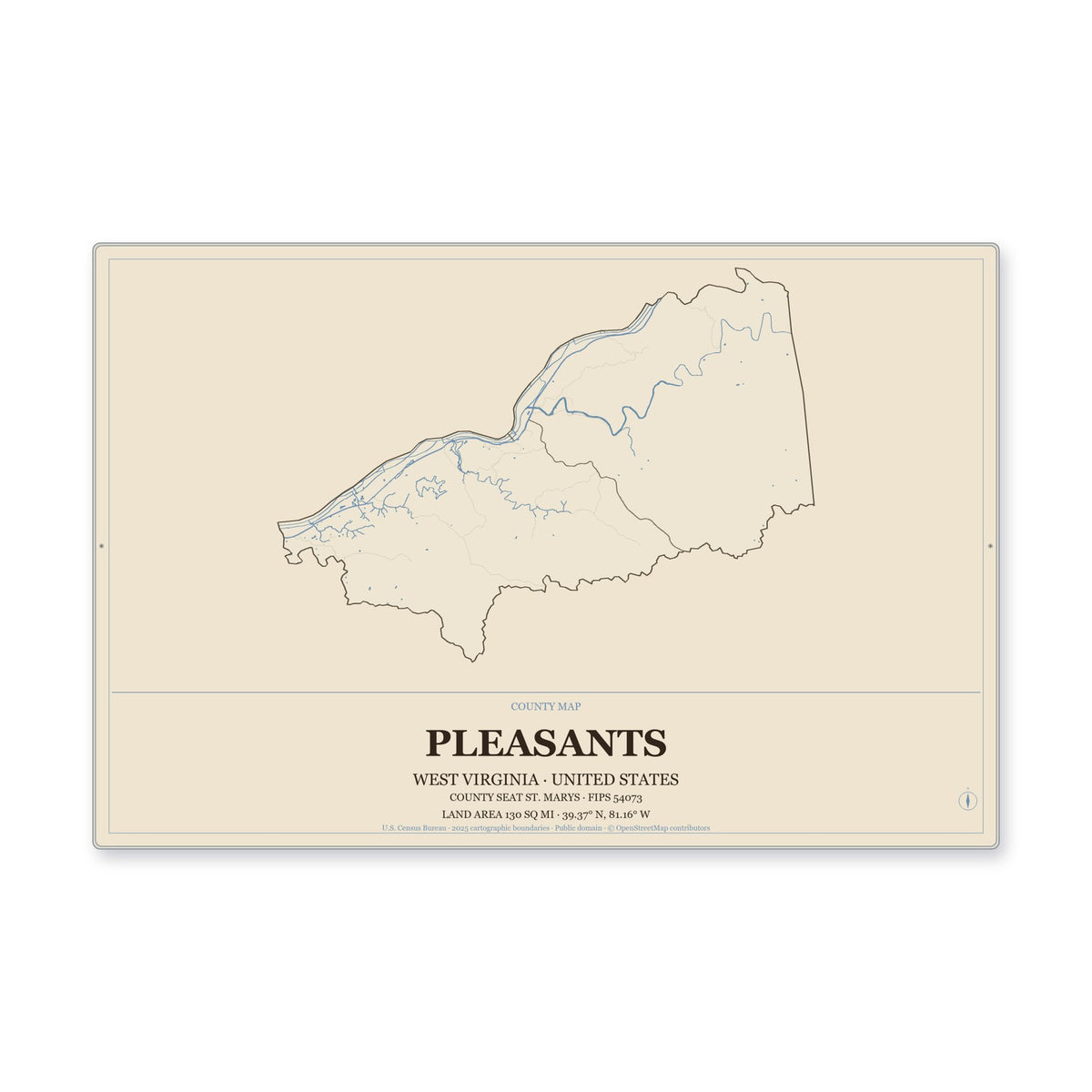 Pleasants County, West Virginia Map Aluminum Sign in Heritage Nautical style