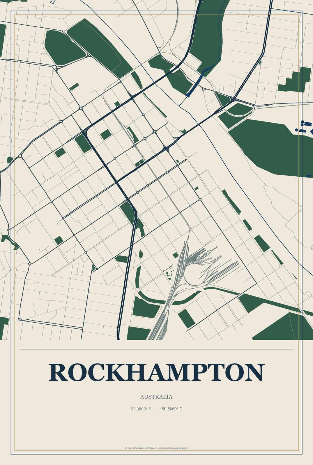 Rockhampton, Australia City Map Aluminum Sign in Coastal Cutout style