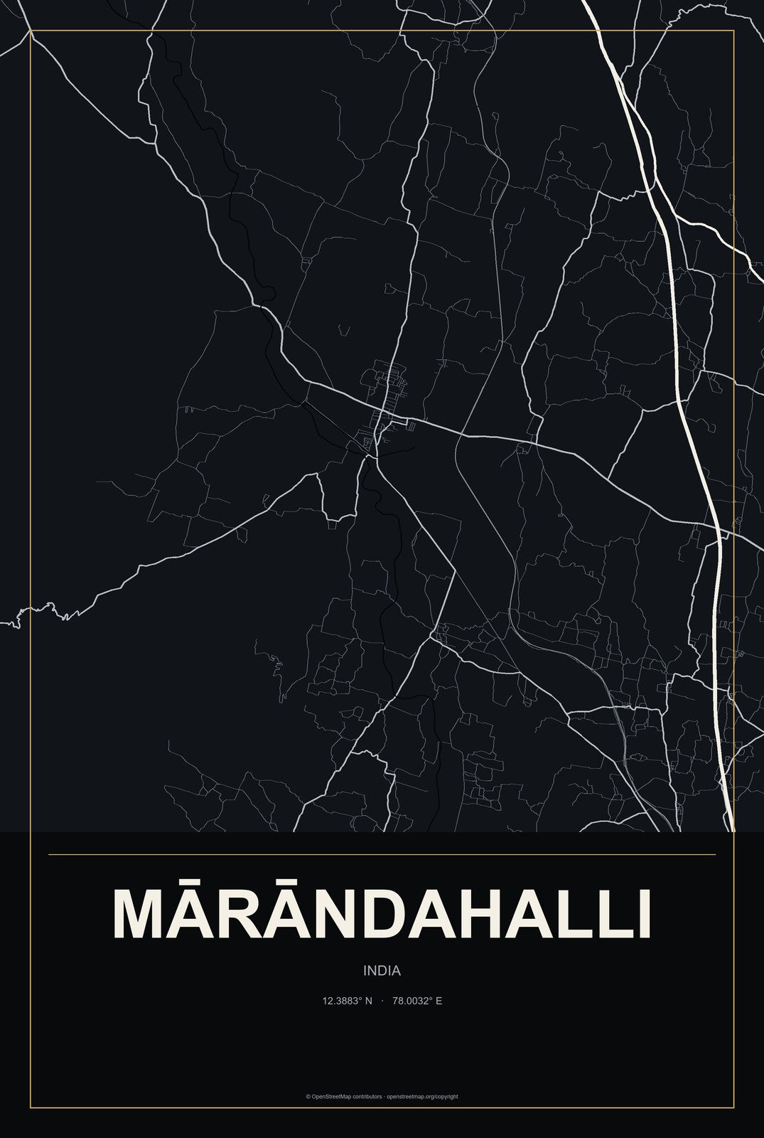 Mārāndahalli, India City Map Aluminum Sign in Metropolitan Noir style
