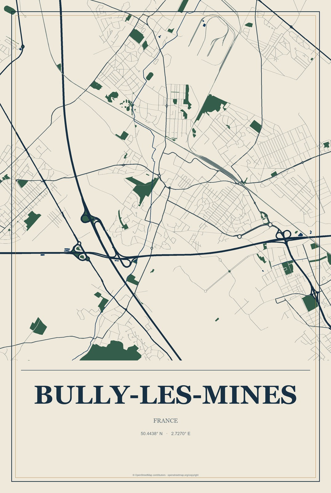 Bully-les-Mines, France City Map Aluminum Sign in Coastal Cutout style