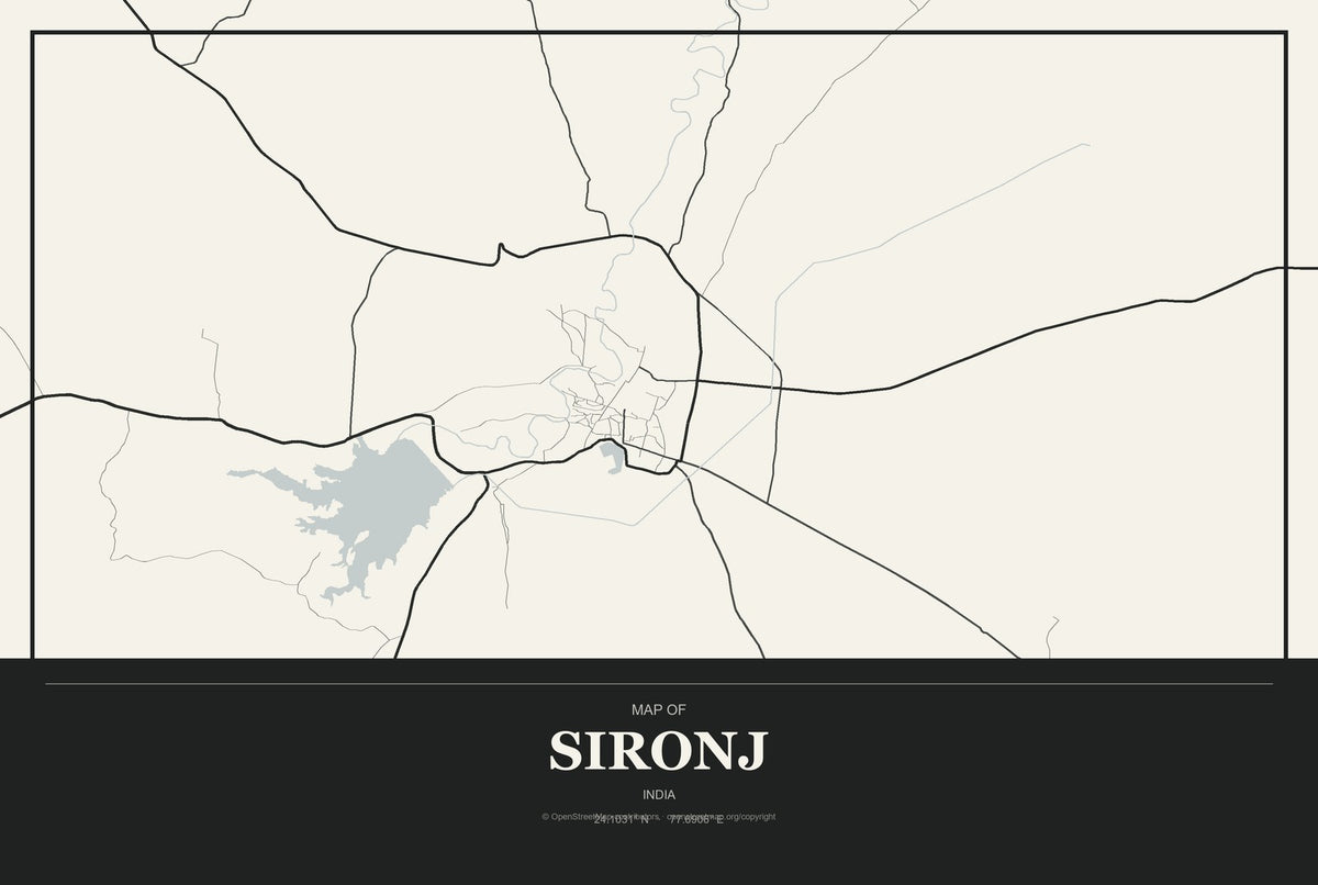 Sironj, India City Map Aluminum Sign in Museum Plaque style