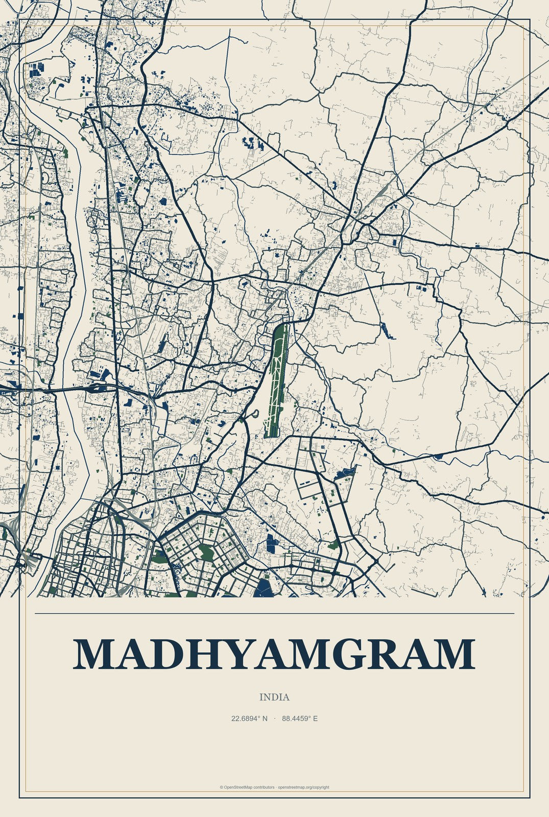 Madhyamgram, India City Map Aluminum Sign in Coastal Cutout style