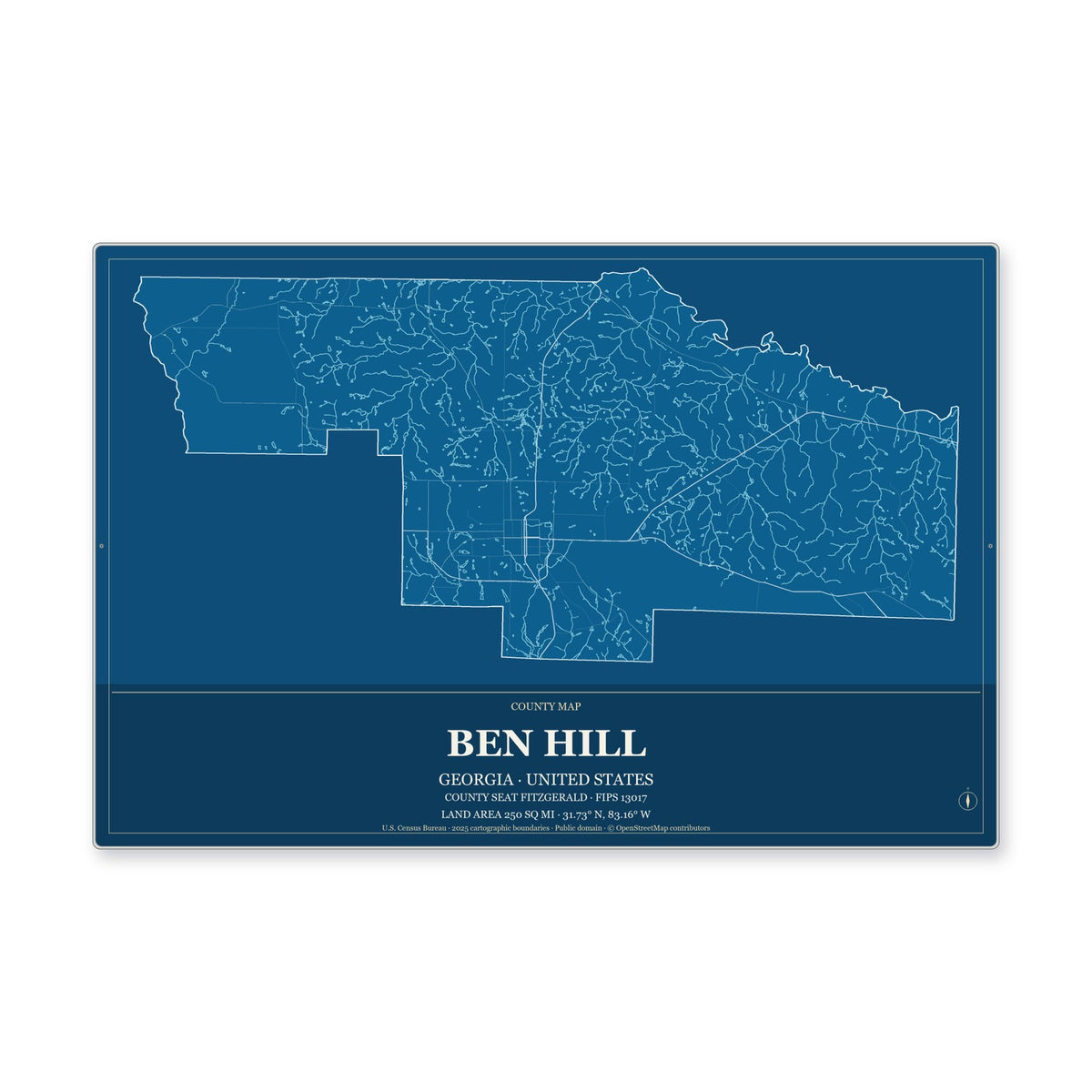 Ben Hill County, Georgia Map Aluminum Sign in Harbor Cobalt style