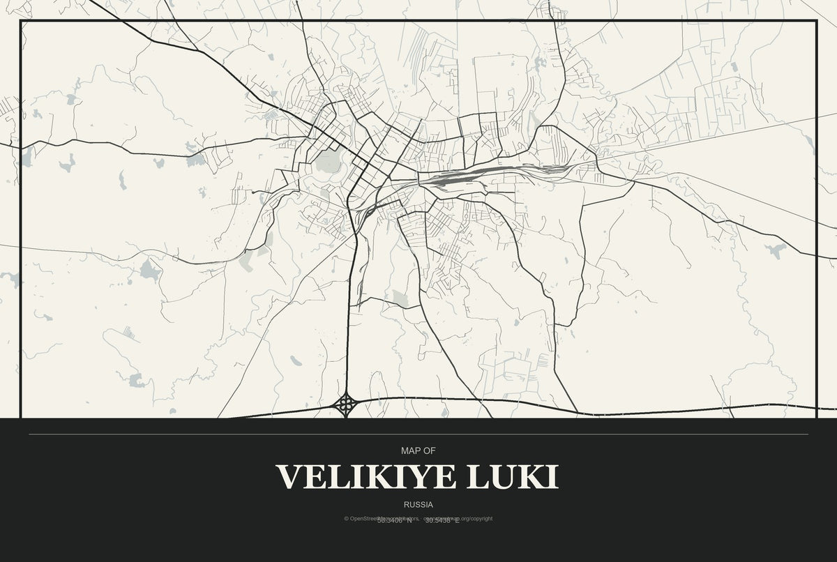Velikiye Luki, Russia City Map Aluminum Sign in Museum Plaque style
