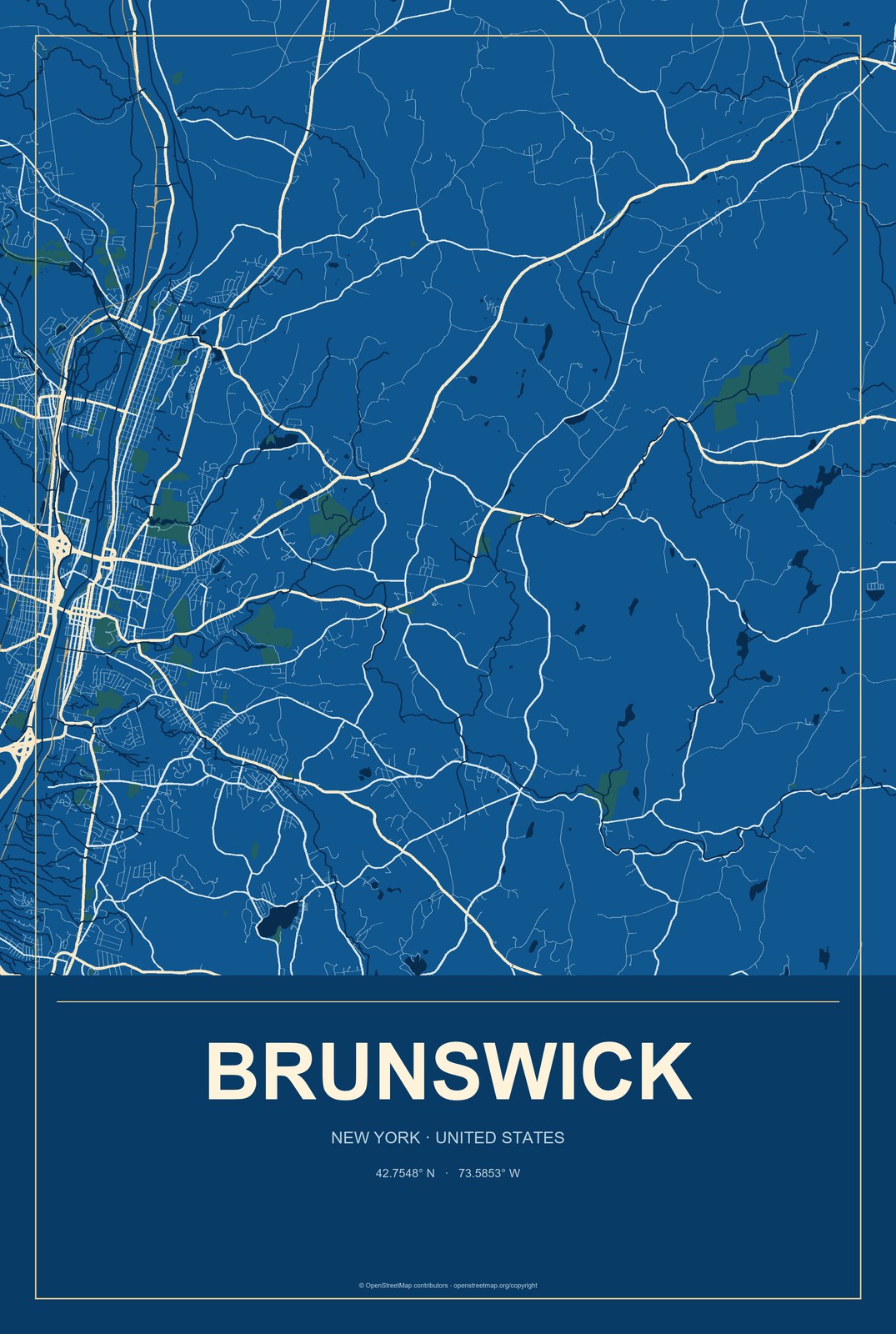 Brunswick, New York City Map Aluminum Sign in Harbor Cobalt style