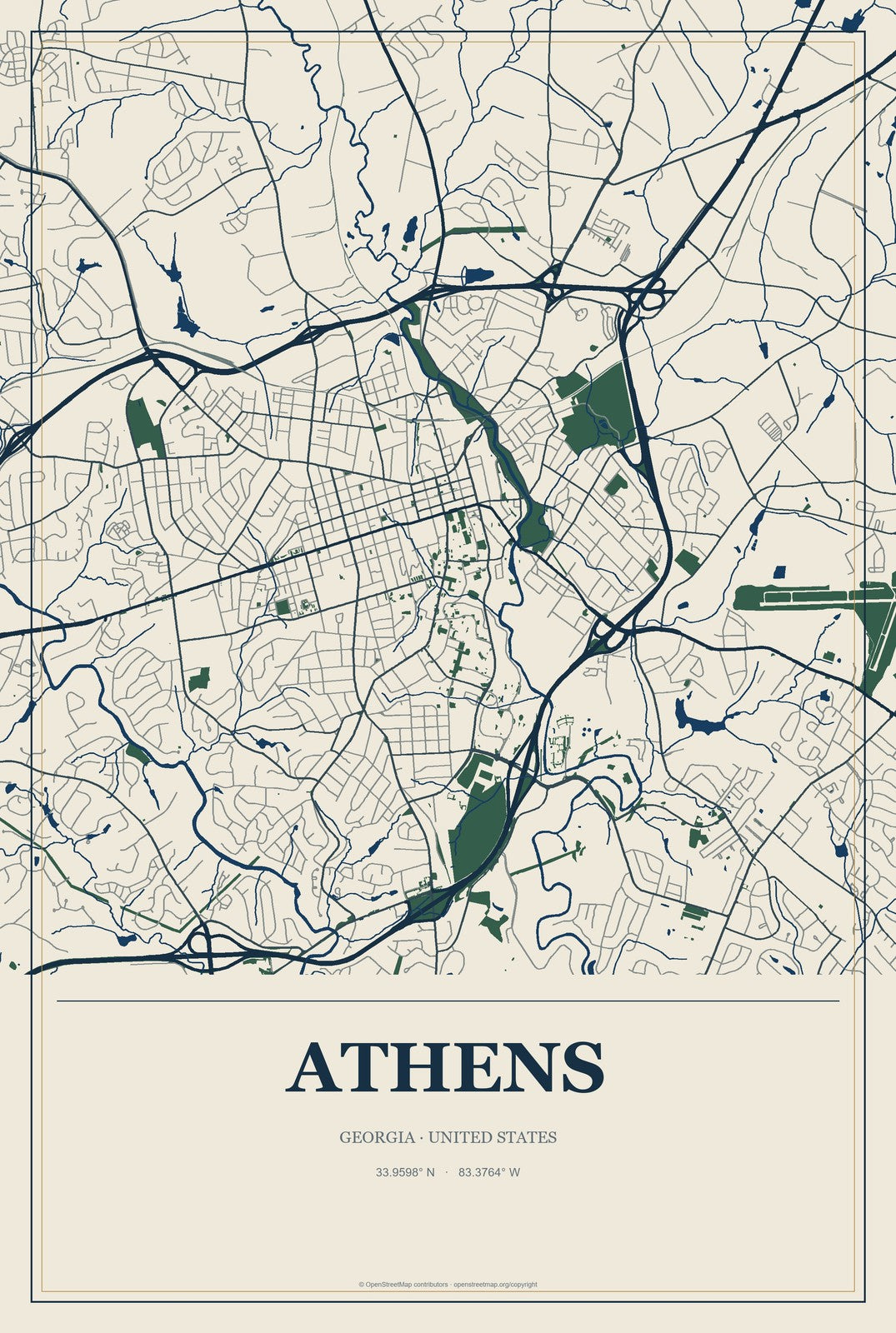 Athens, Georgia City Map Aluminum Sign in Coastal Cutout style