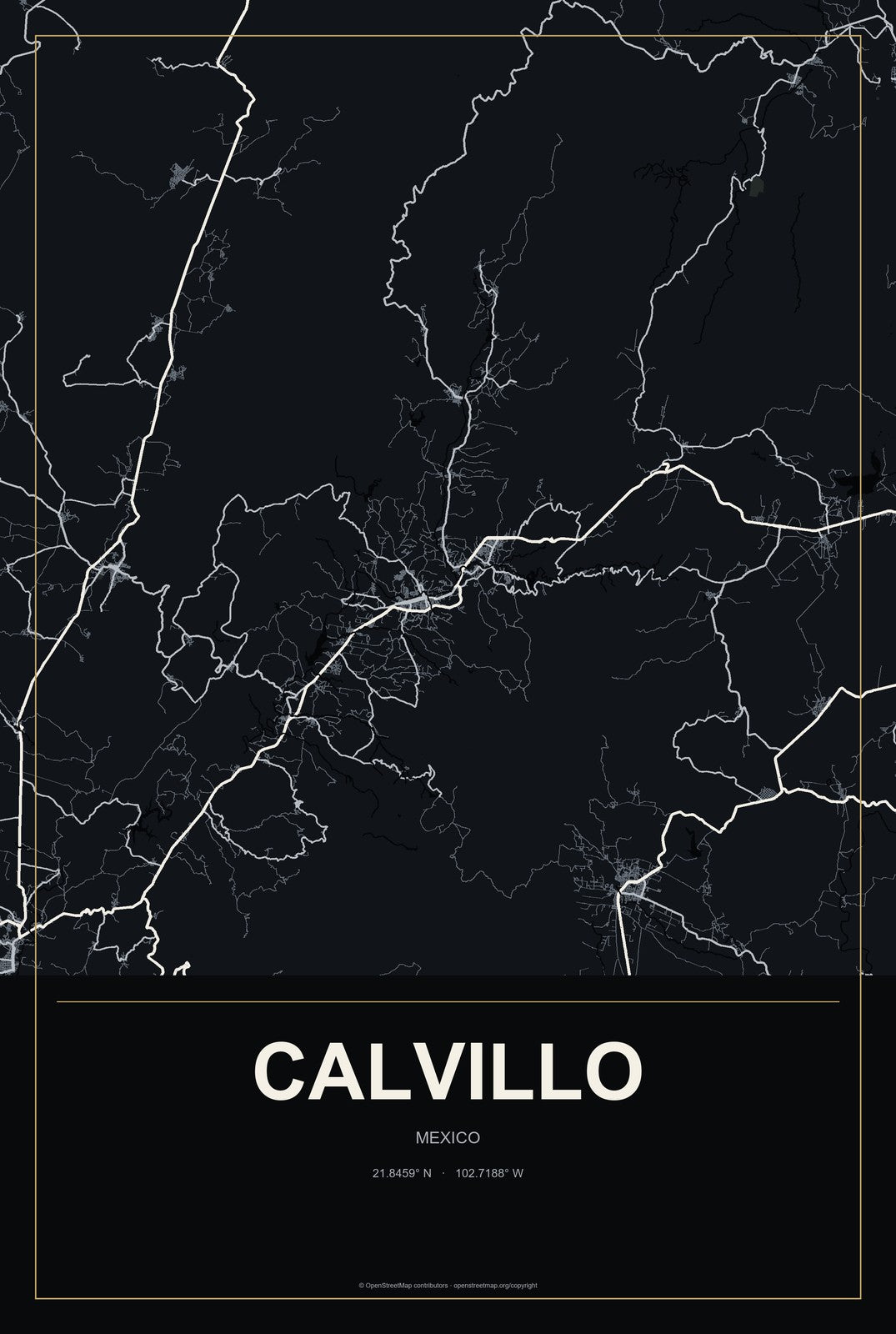 Calvillo, Mexico City Map Aluminum Sign in Metropolitan Noir style