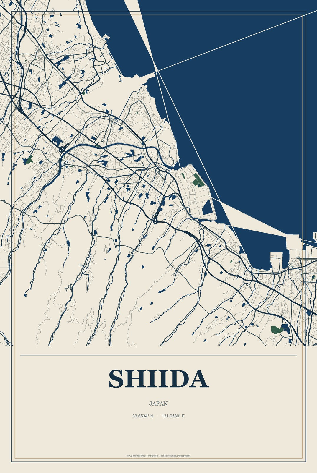 Shiida, Japan City Map Aluminum Sign in Coastal Cutout style