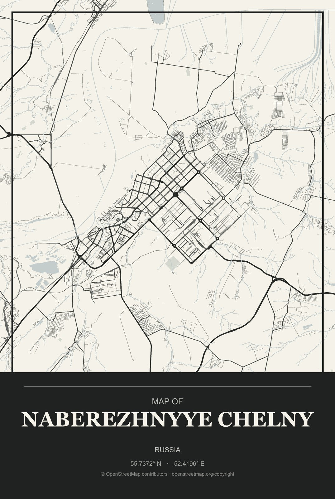 Naberezhnyye Chelny, Russia City Map Aluminum Sign in Museum Plaque style