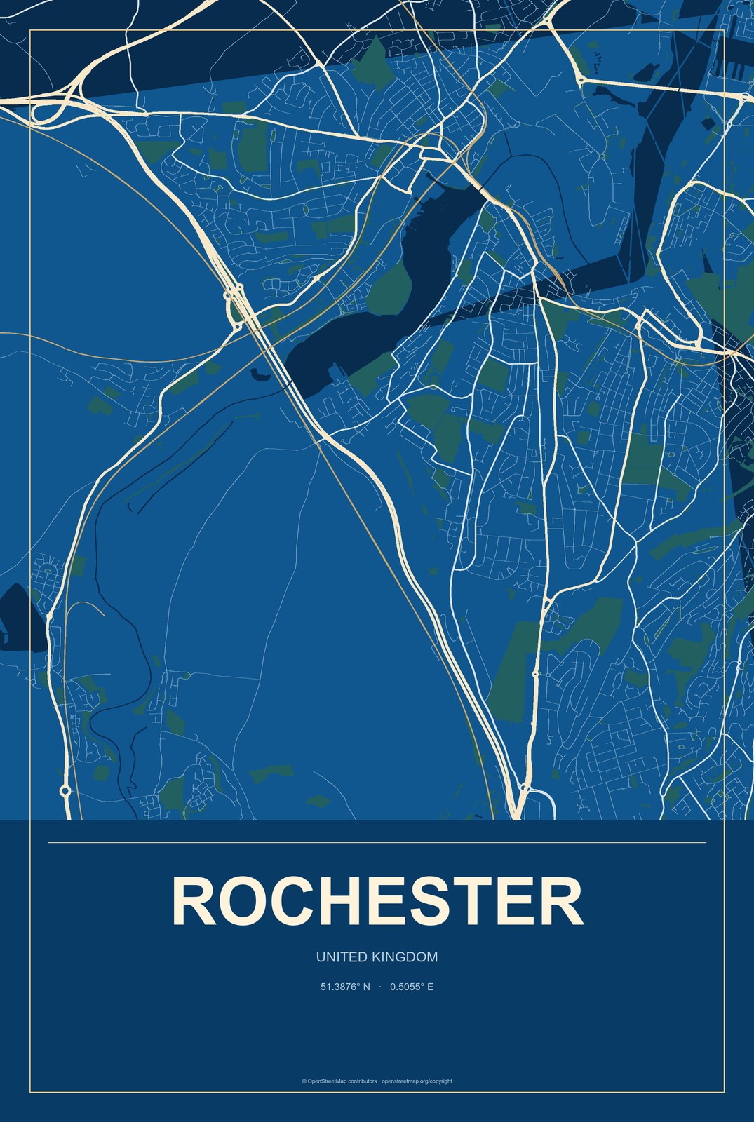 Rochester, United Kingdom City Map Aluminum Sign in Harbor Cobalt style