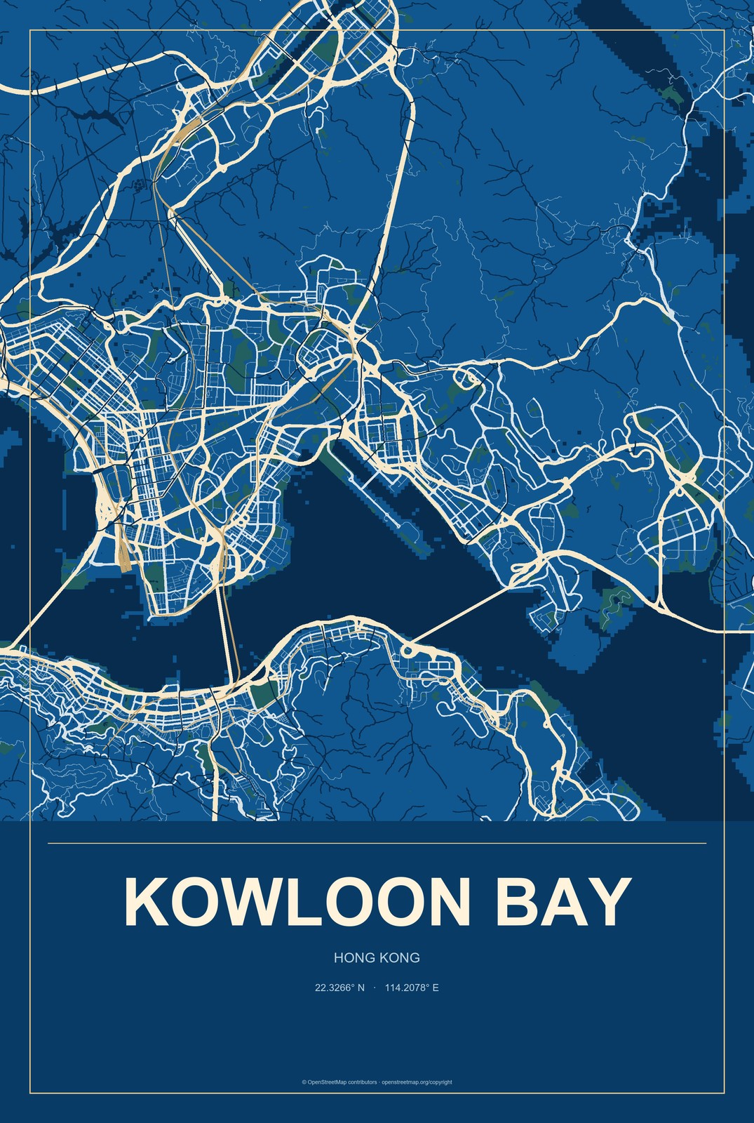 Kowloon Bay, Hong Kong City Map Aluminum Sign in Harbor Cobalt style