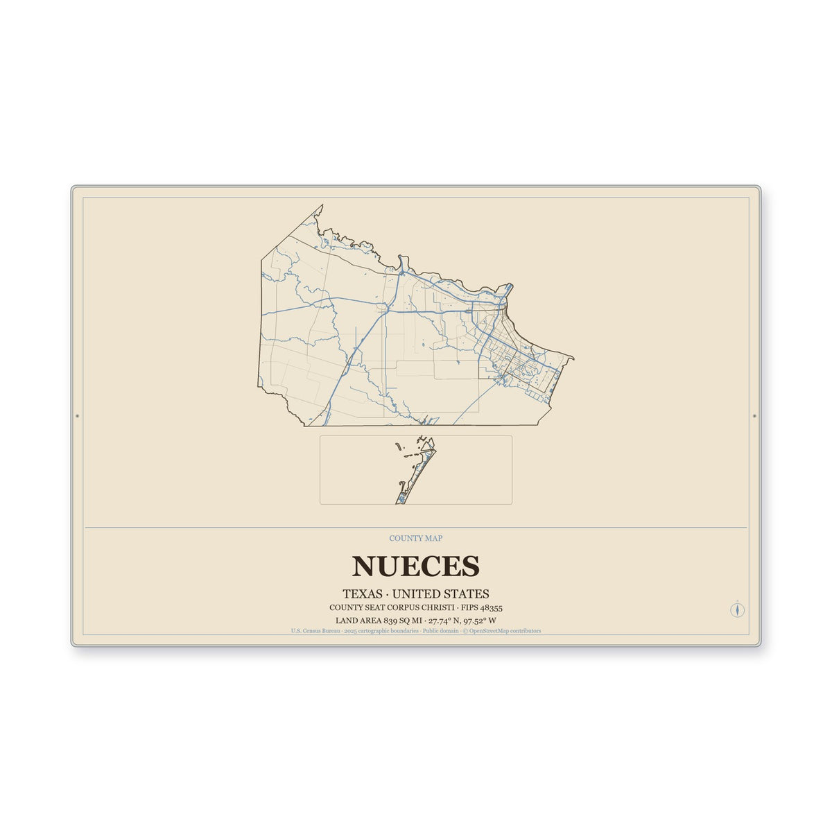 Nueces County, Texas Map Aluminum Sign in Heritage Nautical style