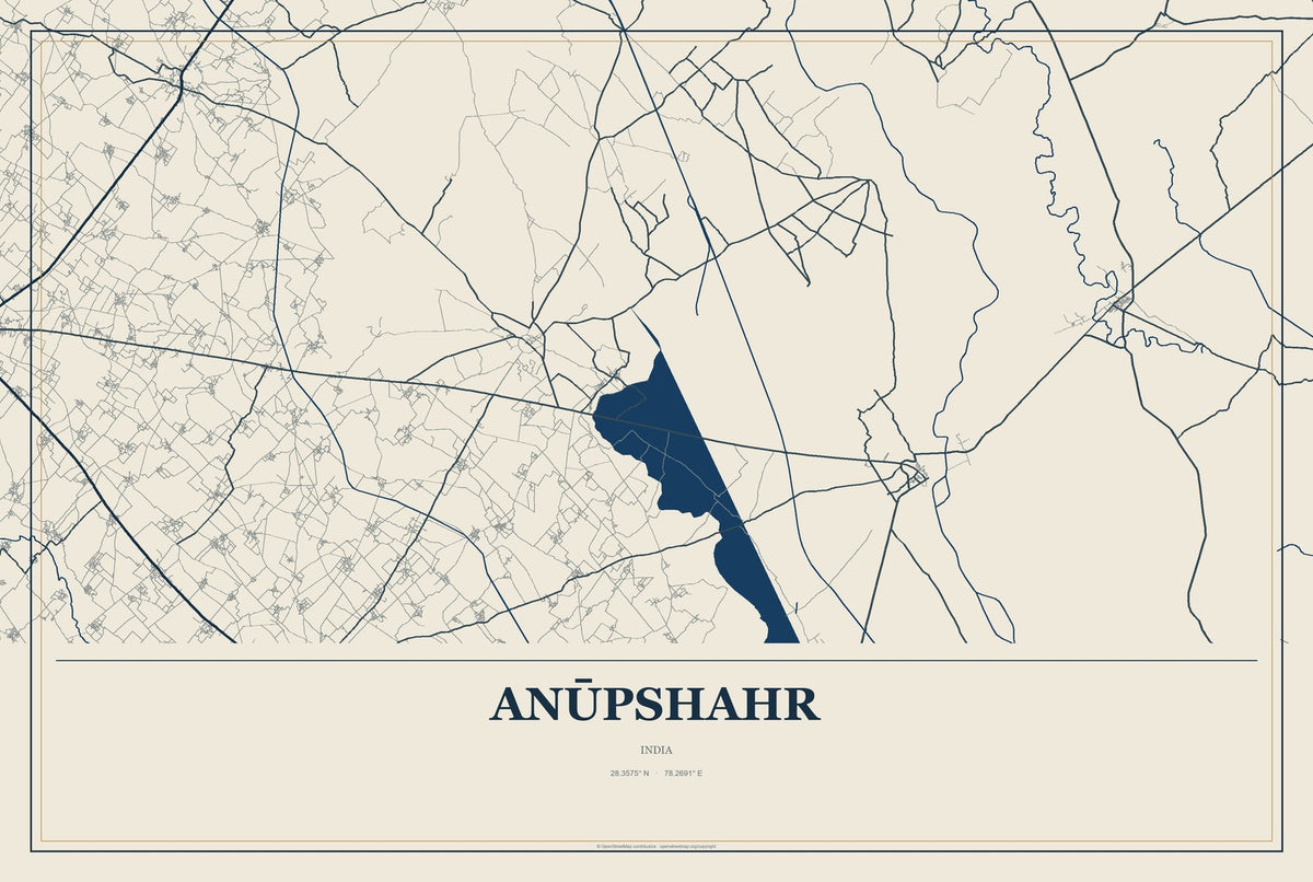 Anūpshahr, India City Map Aluminum Sign in Coastal Cutout style