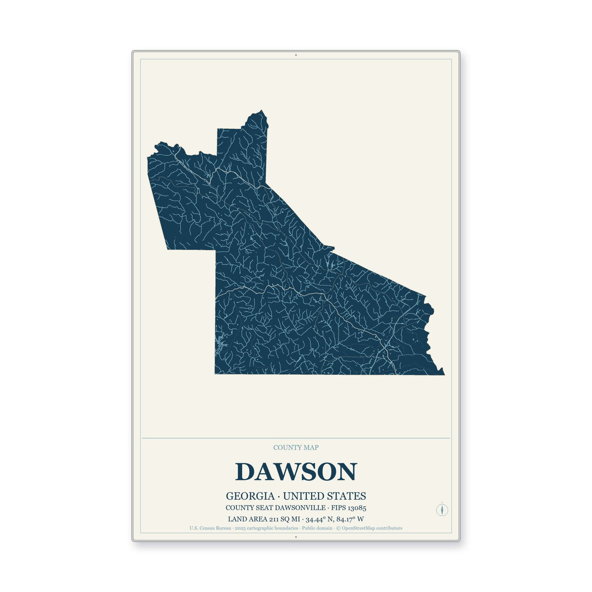 Dawson County, Georgia Map Aluminum Sign in Coastal Cutout style