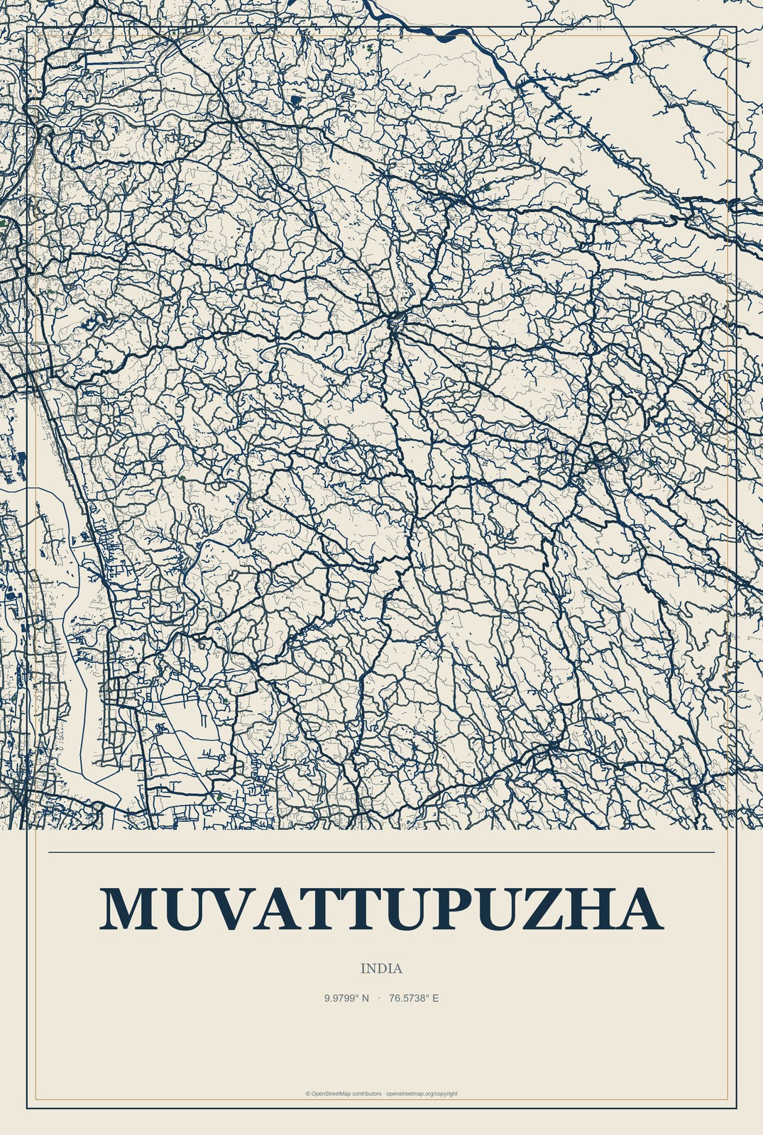 Muvattupuzha, India City Map Aluminum Sign in Coastal Cutout style