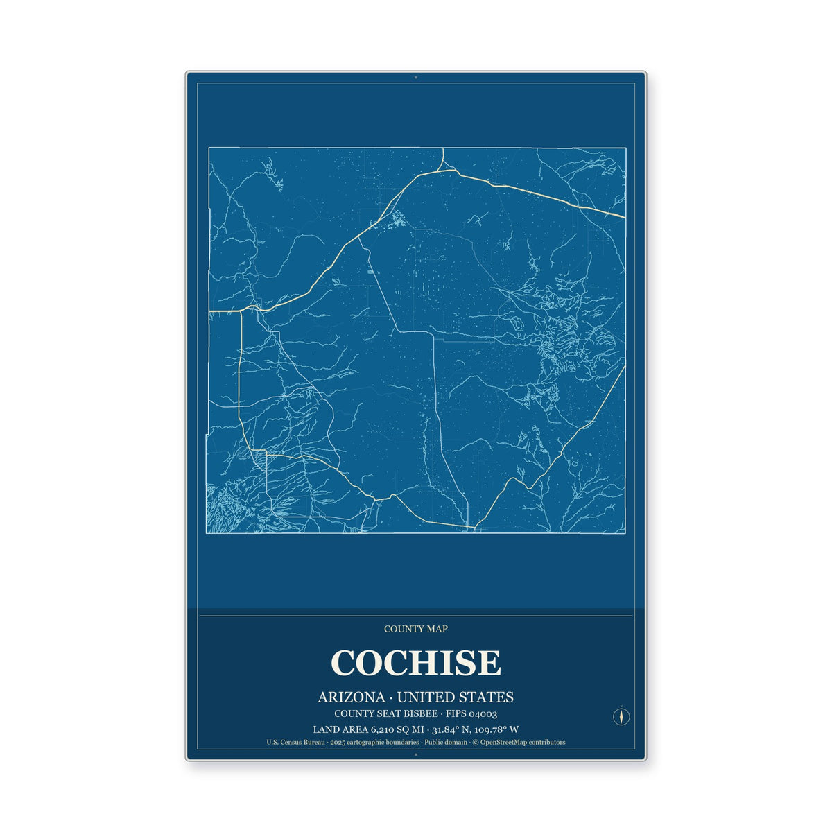 Cochise County, Arizona Map Aluminum Sign in Harbor Cobalt style