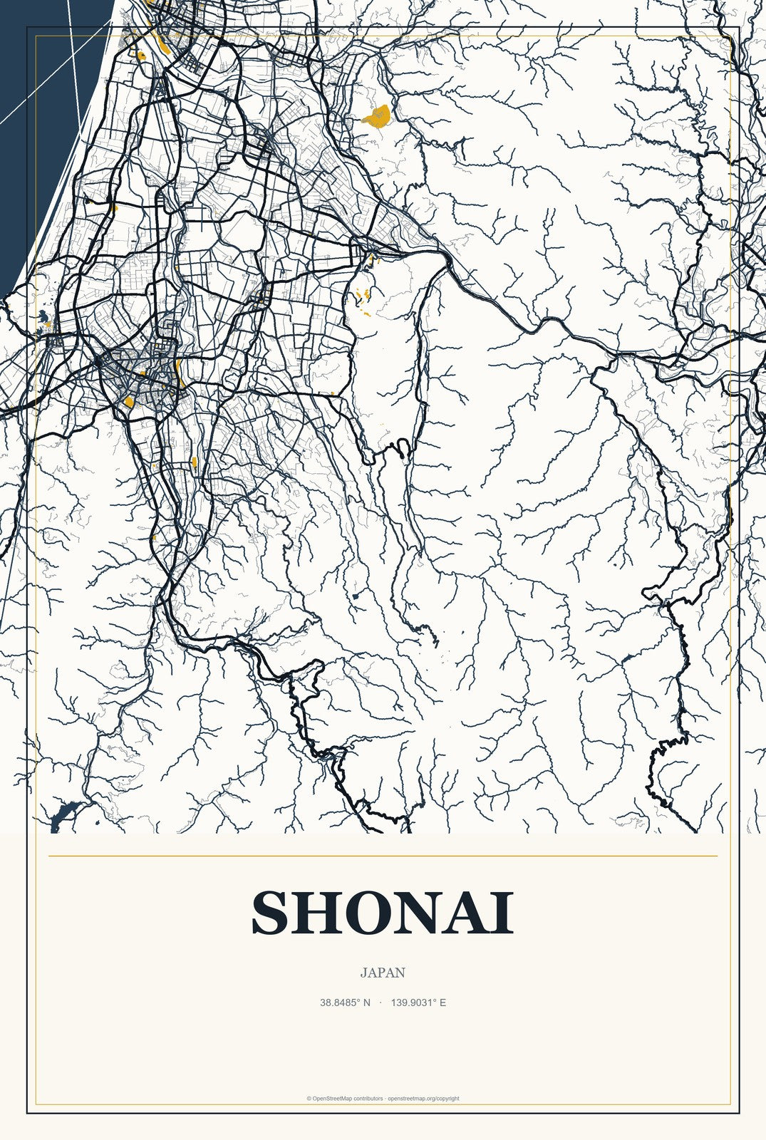 Shonai, Japan City Map Aluminum Sign in Citrine Modern style