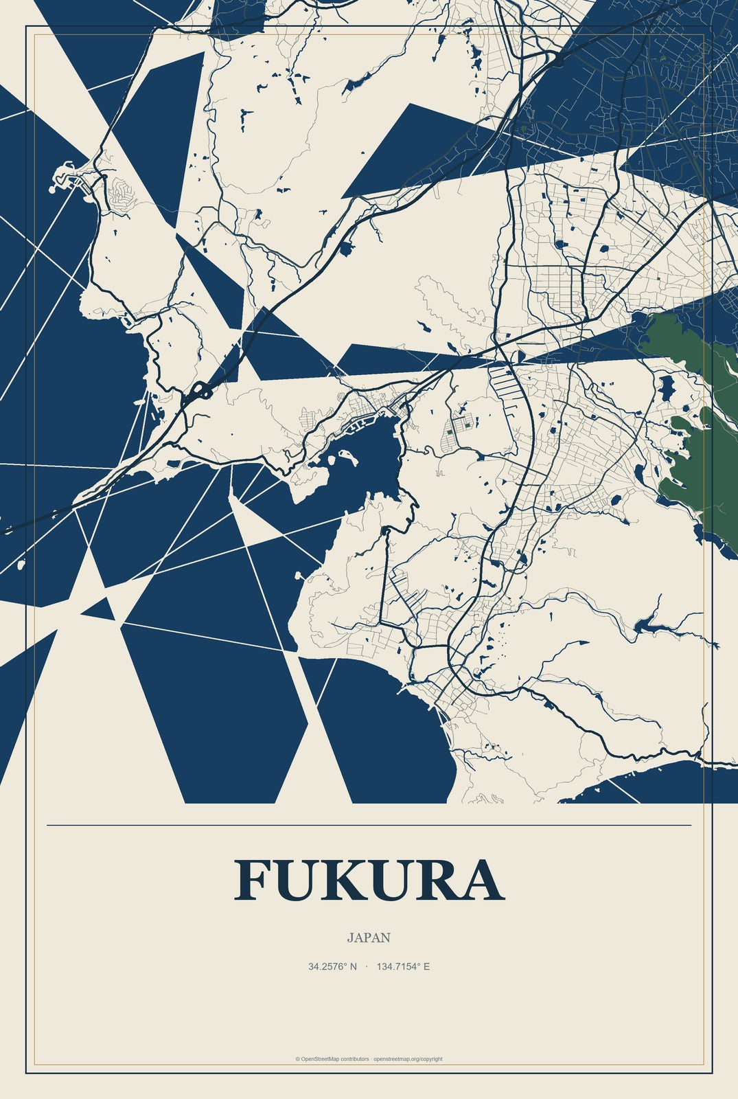 Fukura, Japan City Map Aluminum Sign in Coastal Cutout style