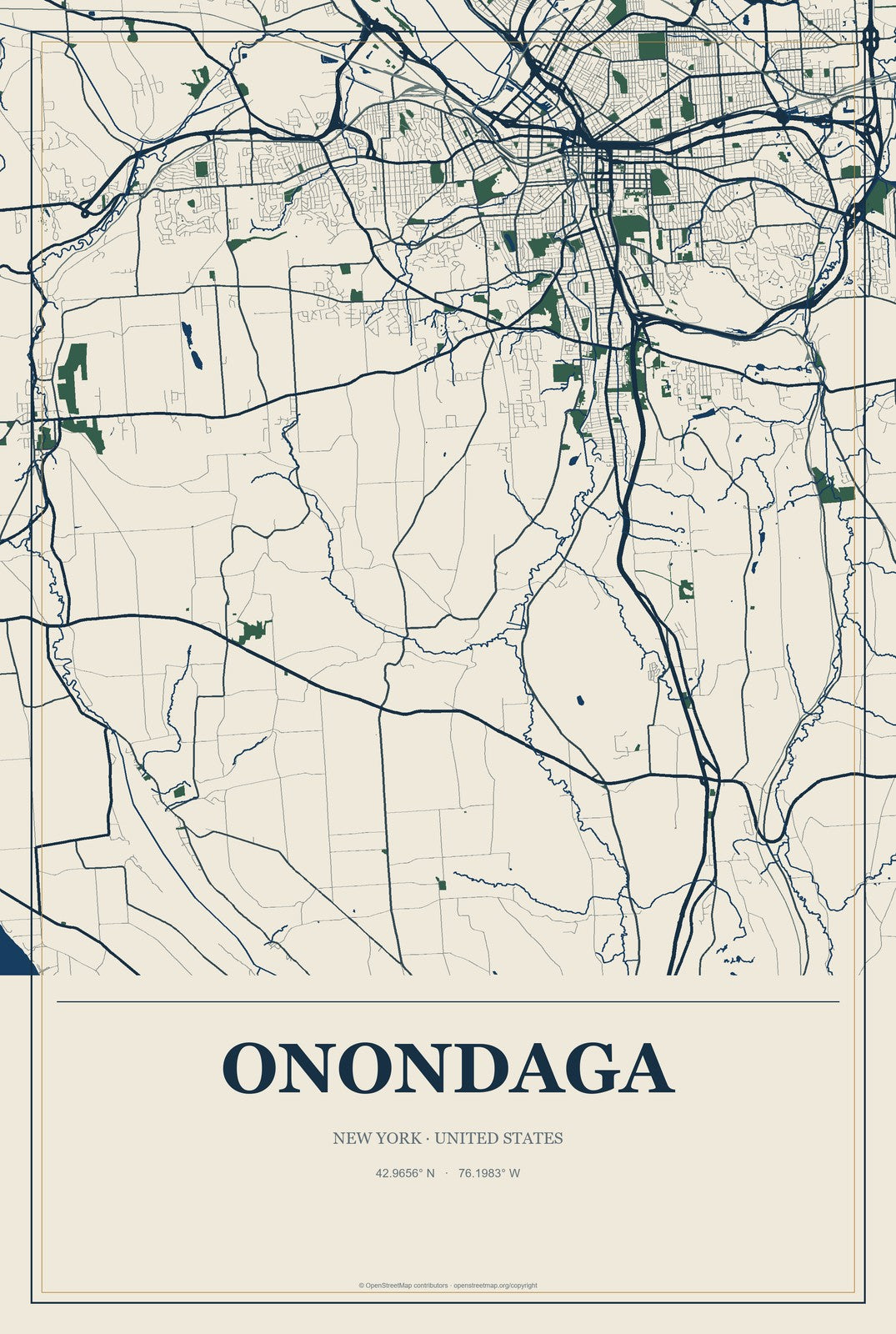 Onondaga, New York City Map Aluminum Sign in Coastal Cutout style