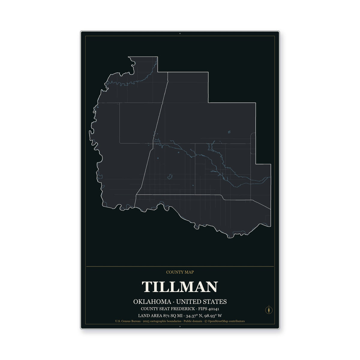 Tillman County, Oklahoma Map Aluminum Sign in Metropolitan Noir style