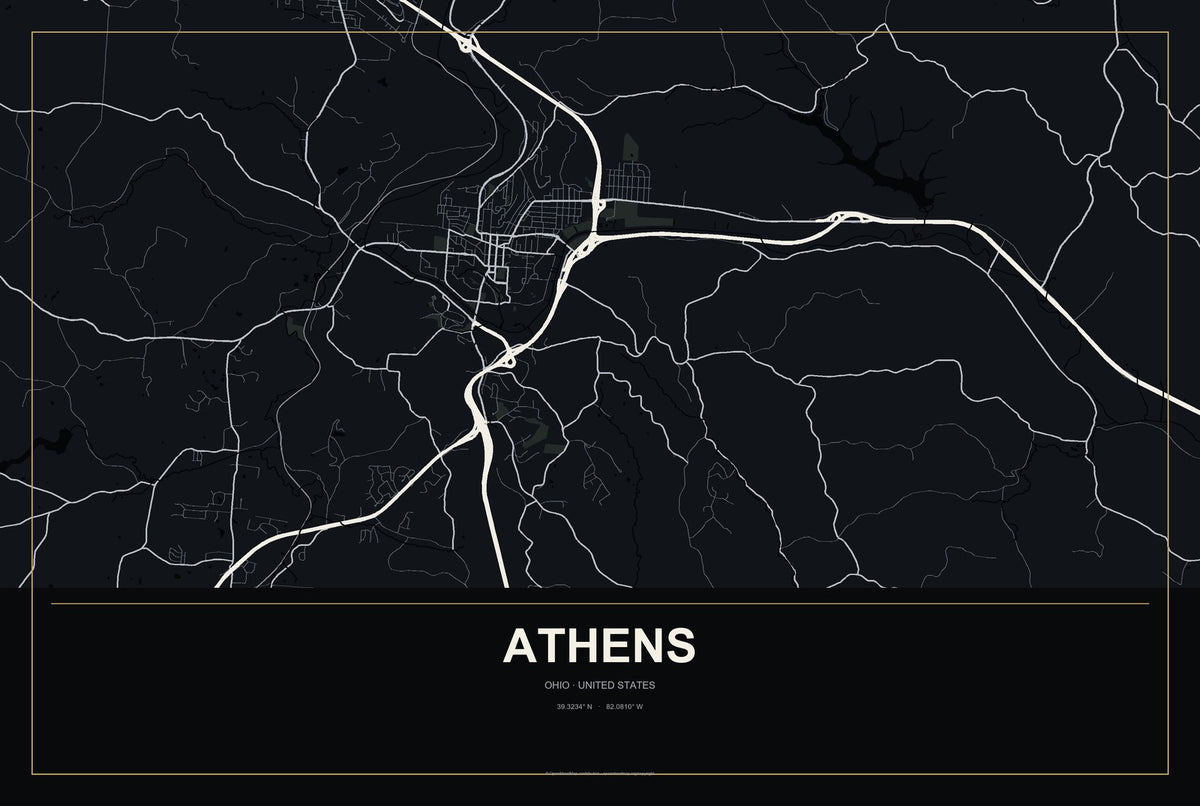 Athens, Ohio City Map Aluminum Sign in Metropolitan Noir style