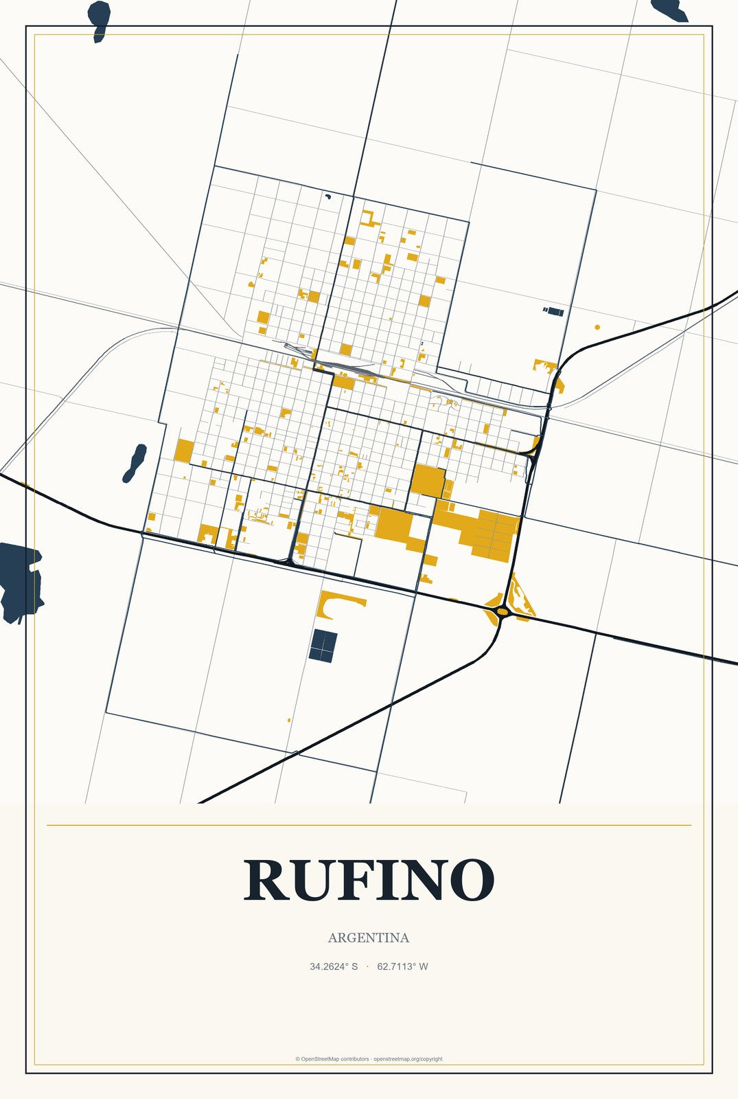 Rufino, Argentina City Map Aluminum Sign in Citrine Modern style