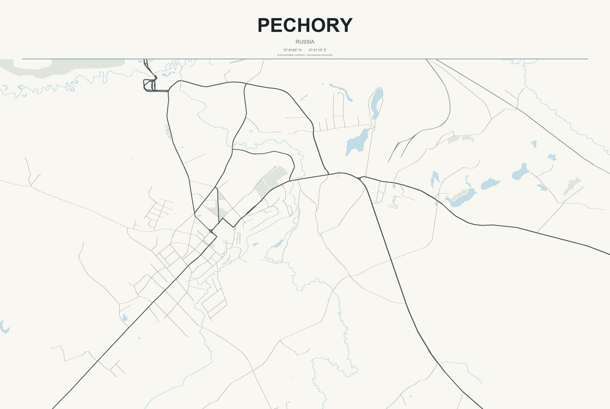 Pechory, Russia City Map Aluminum Sign in Headline Atlas style