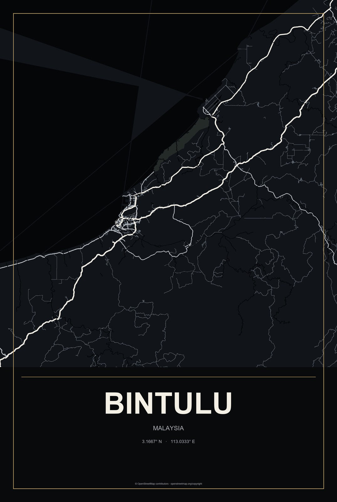 Bintulu, Malaysia City Map Aluminum Sign in Metropolitan Noir style