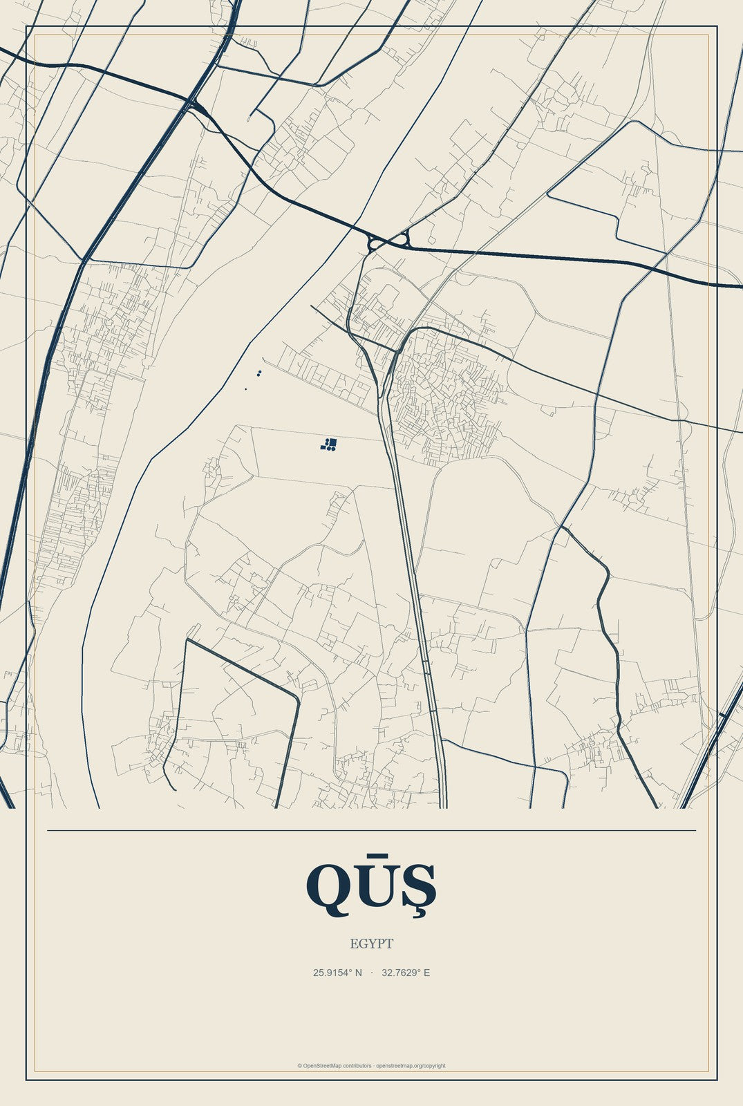 Qūş, Egypt City Map Aluminum Sign in Coastal Cutout style