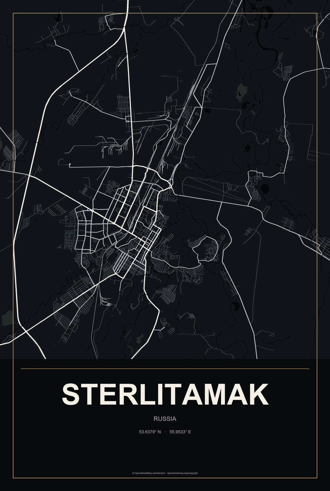 Sterlitamak, Russia City Map Aluminum Sign in Metropolitan Noir style