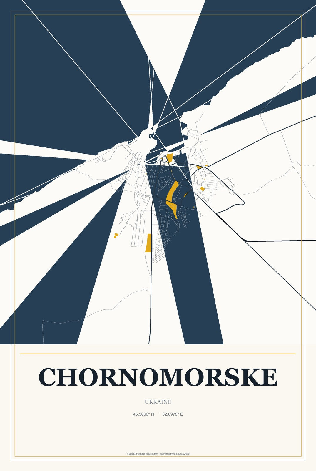 Chornomorske, Ukraine City Map Aluminum Sign in Citrine Modern style
