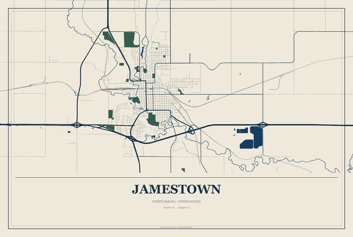 Jamestown, North Dakota City Map Aluminum Sign in Coastal Cutout style