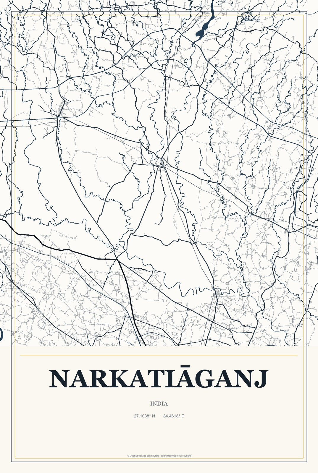 Narkatiāganj, India City Map Aluminum Sign in Citrine Modern style