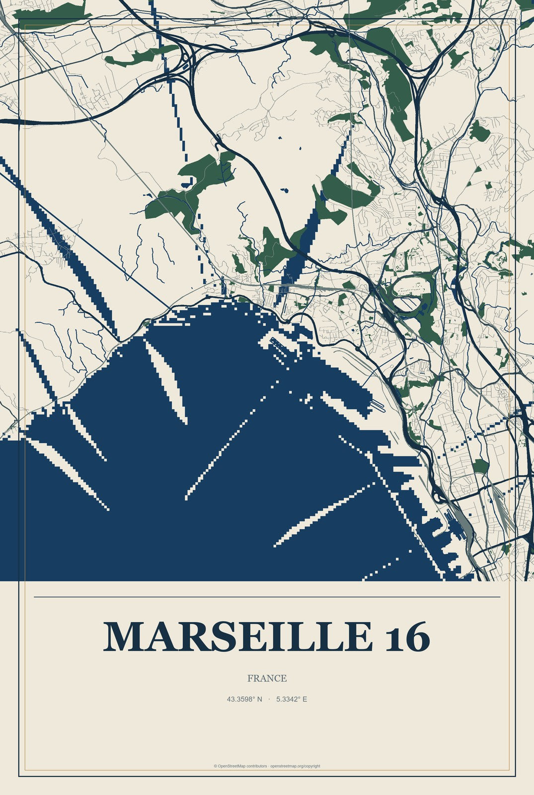 Marseille 16, France City Map Aluminum Sign in Coastal Cutout style