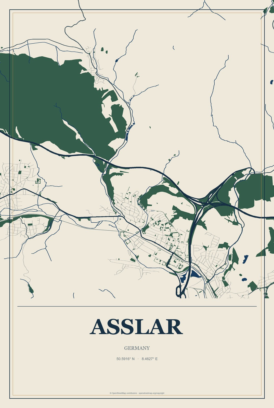 Aßlar, Germany City Map Aluminum Sign in Coastal Cutout style