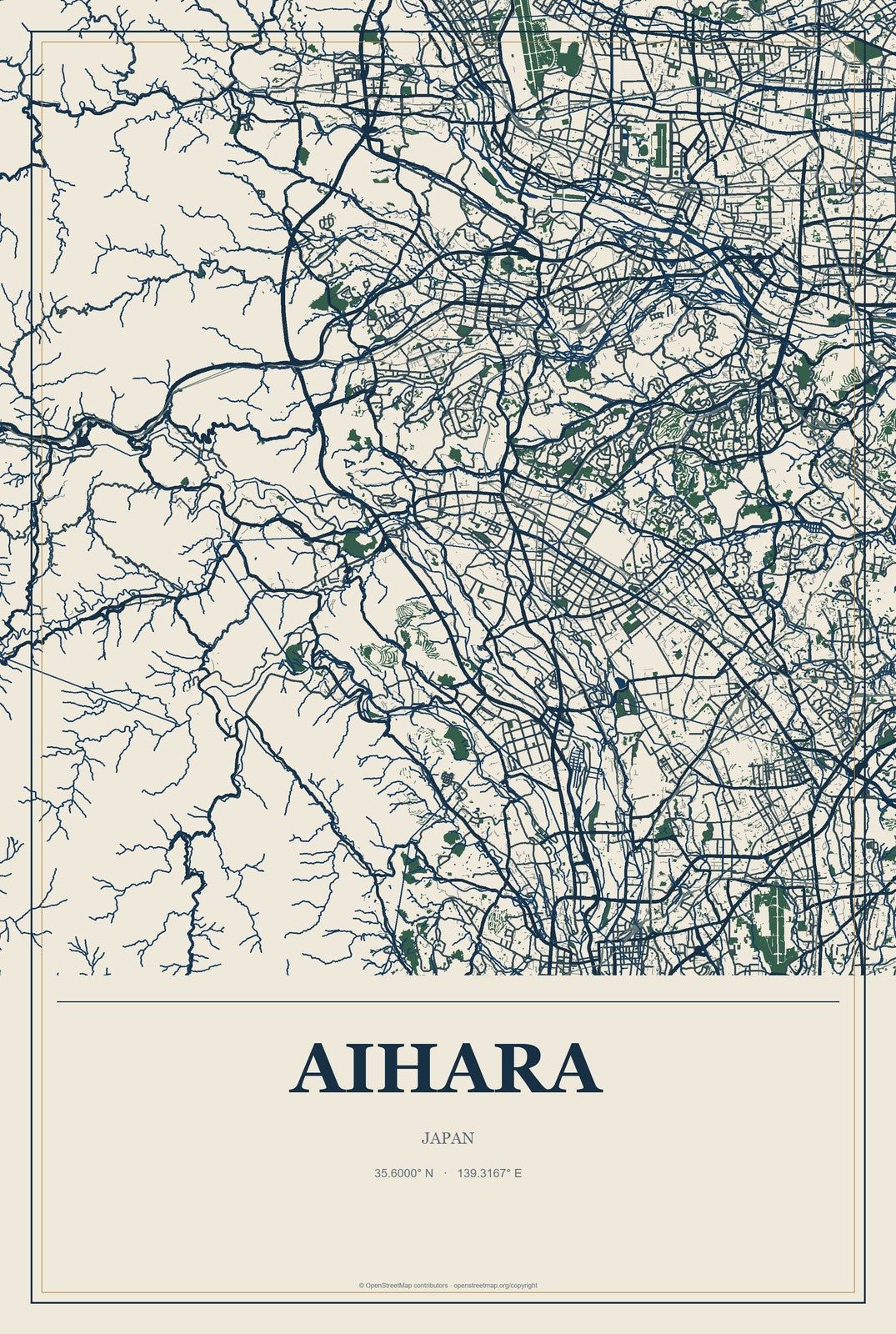Aihara, Japan City Map Aluminum Sign in Coastal Cutout style