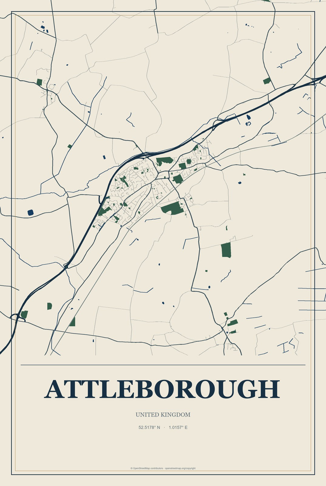 Attleborough, United Kingdom City Map Aluminum Sign in Coastal Cutout style