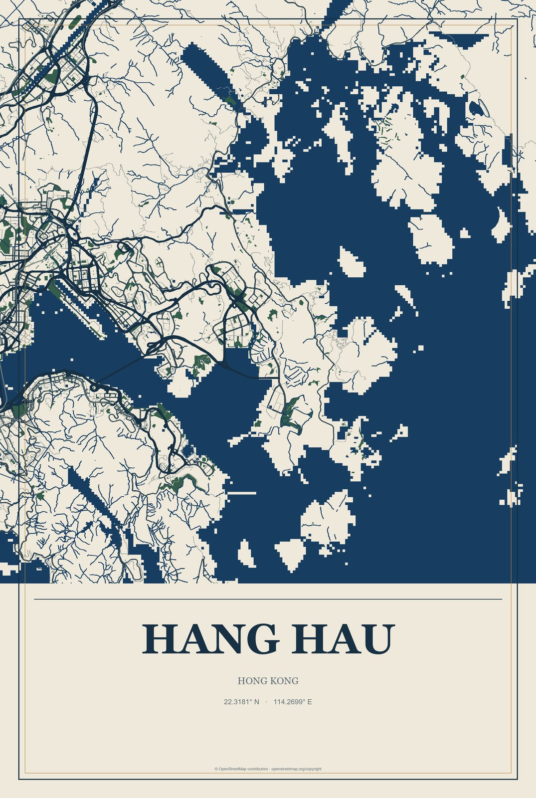 Hang Hau, Hong Kong City Map Aluminum Sign in Coastal Cutout style