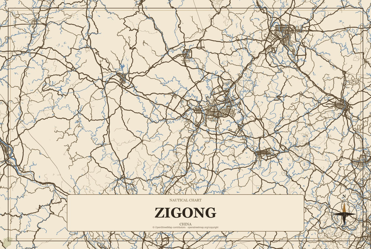 Zigong, China City Map Aluminum Sign in Heritage Nautical style