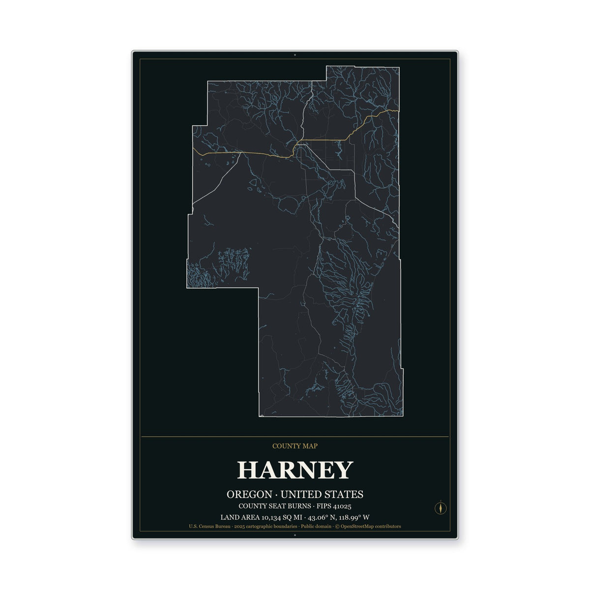 Harney County, Oregon Map Aluminum Sign in Metropolitan Noir style