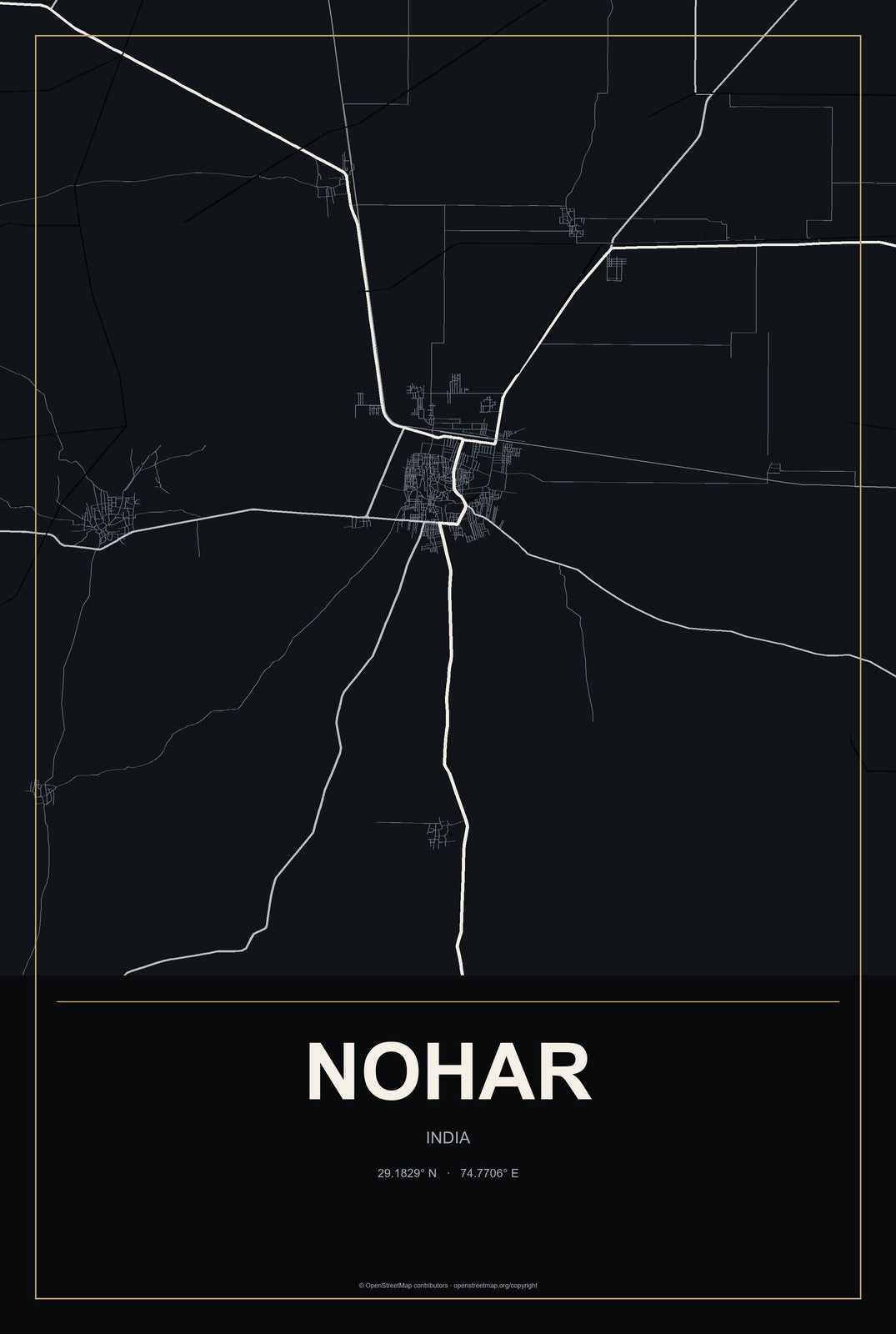 Nohar, India City Map Aluminum Sign in Metropolitan Noir style
