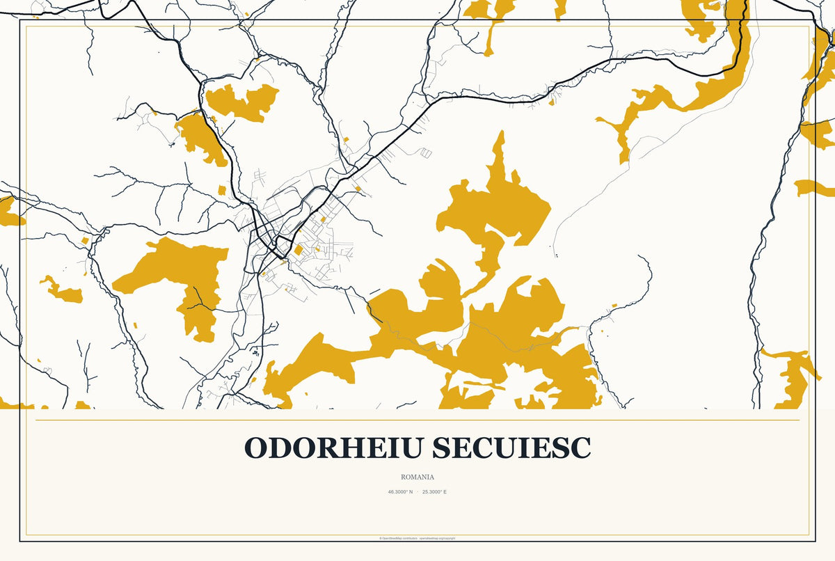 Odorheiu Secuiesc, Romania City Map Aluminum Sign in Citrine Modern style