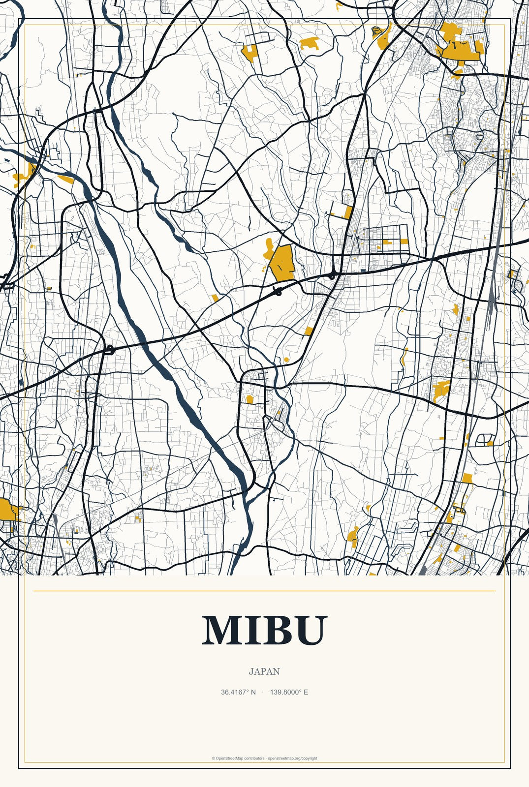 Mibu, Japan City Map Aluminum Sign in Citrine Modern style