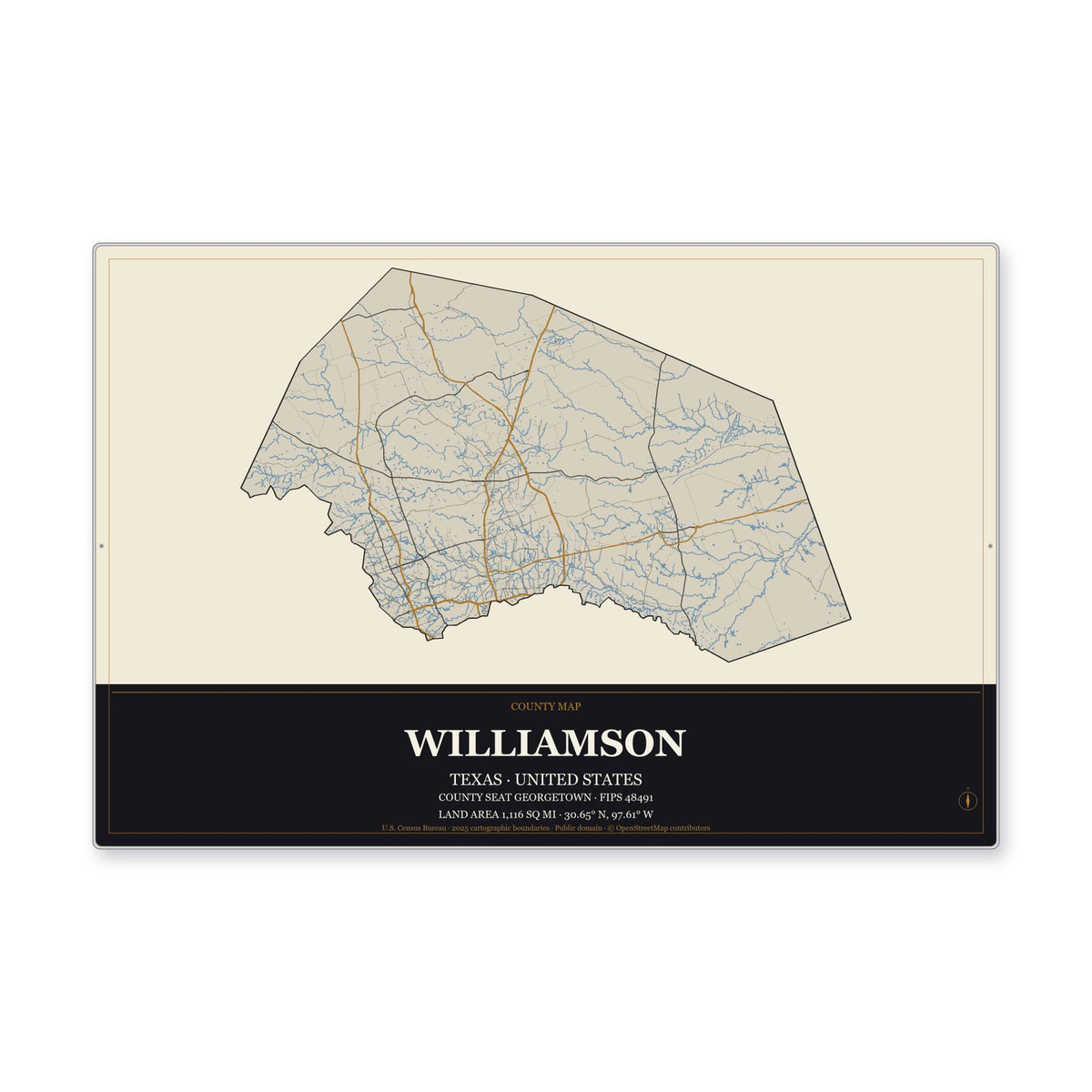 Williamson County, Texas Map Aluminum Sign in Museum Plaque style