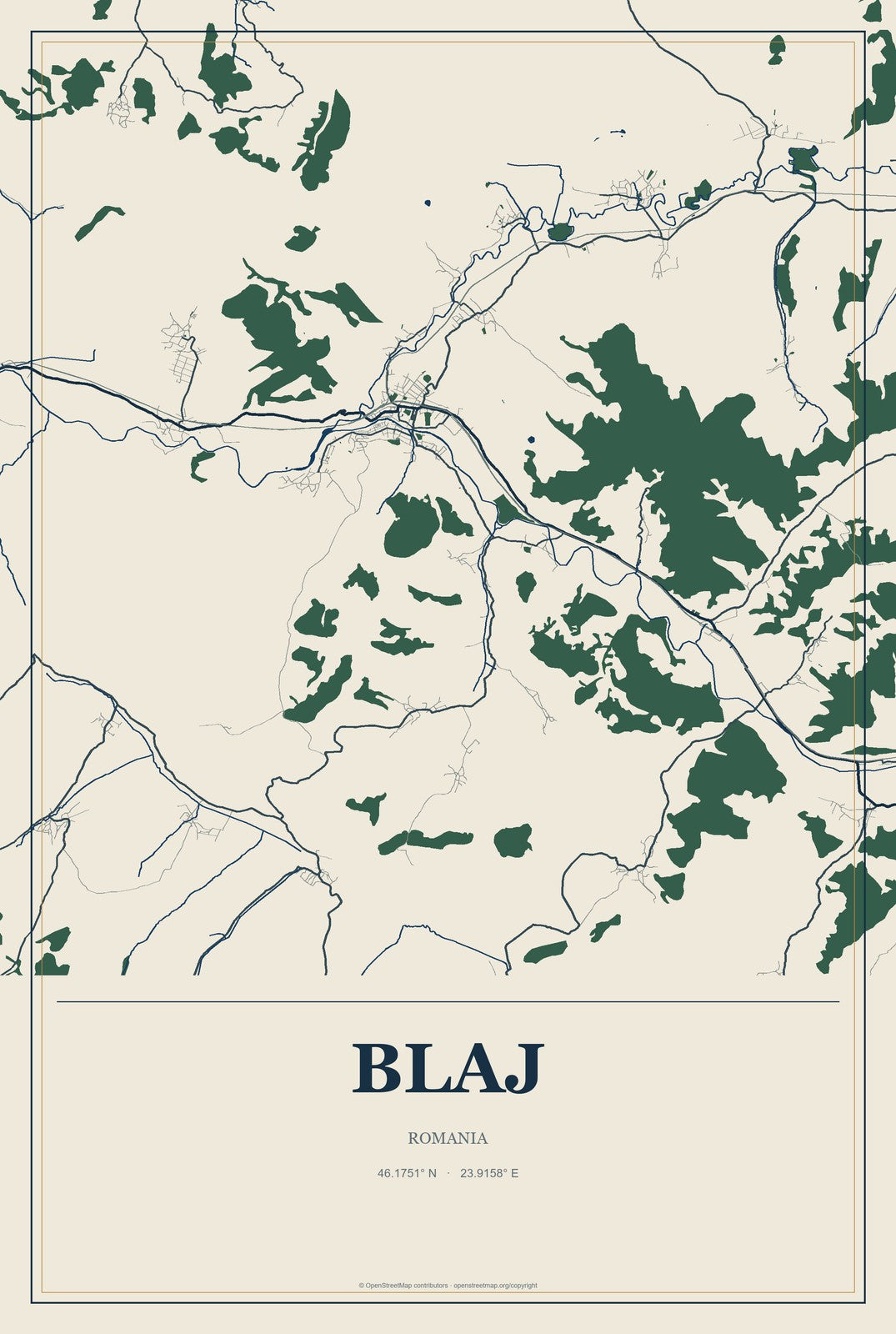Blaj, Romania City Map Aluminum Sign in Coastal Cutout style