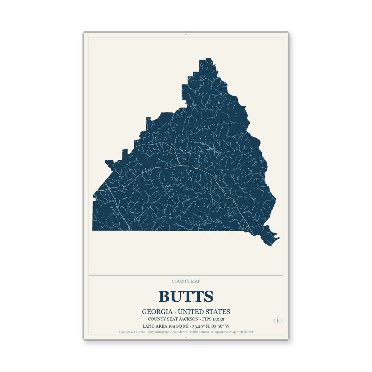 Butts County, Georgia Map Aluminum Sign in Coastal Cutout style