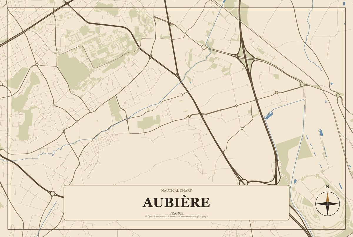 Aubière, France City Map Aluminum Sign in Heritage Nautical style