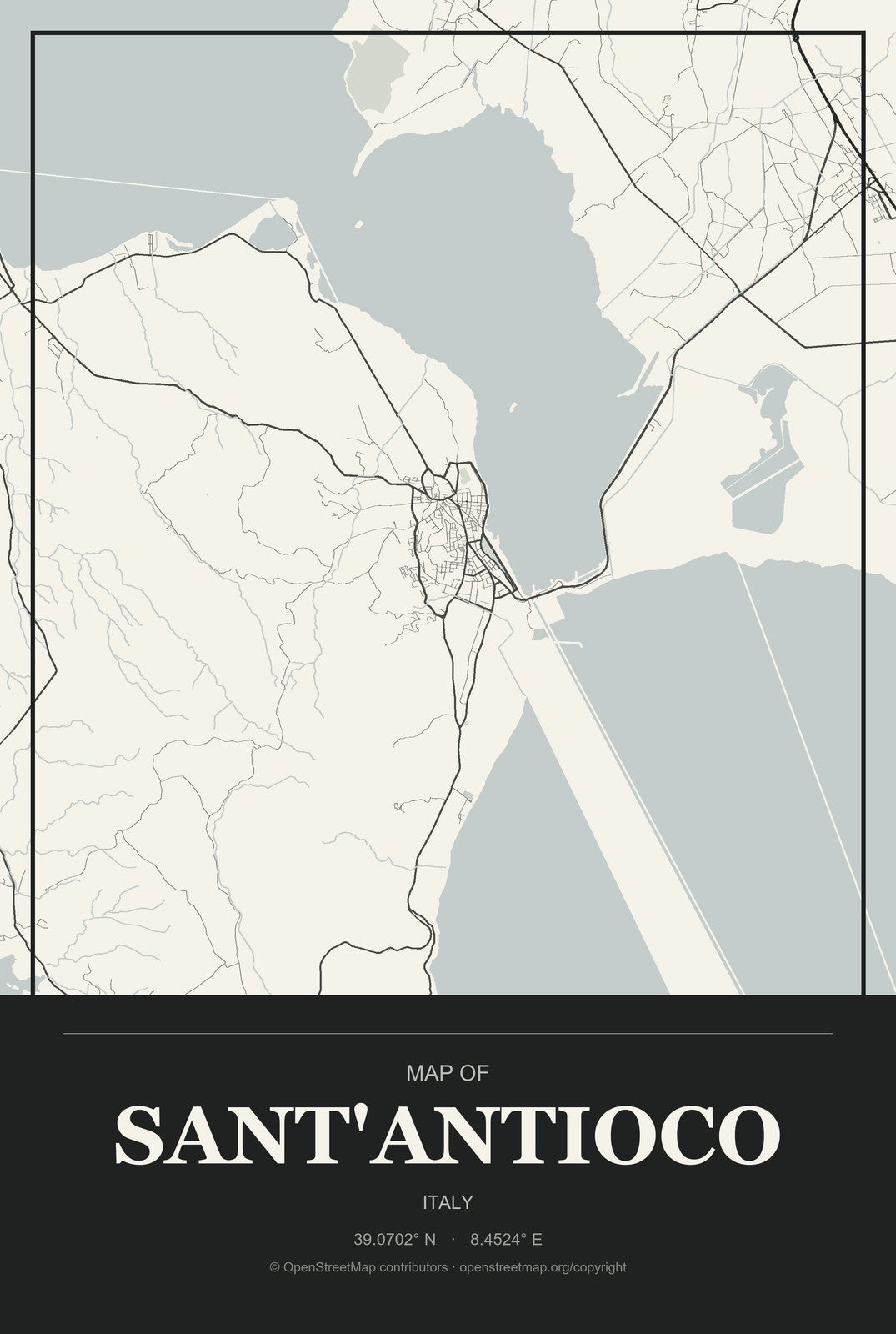Sant'Antioco, Italy City Map Aluminum Sign in Museum Plaque style