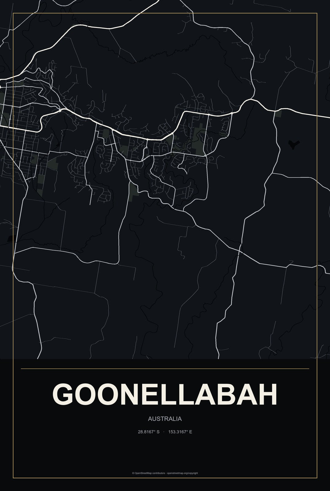 Goonellabah, Australia City Map Aluminum Sign in Metropolitan Noir style